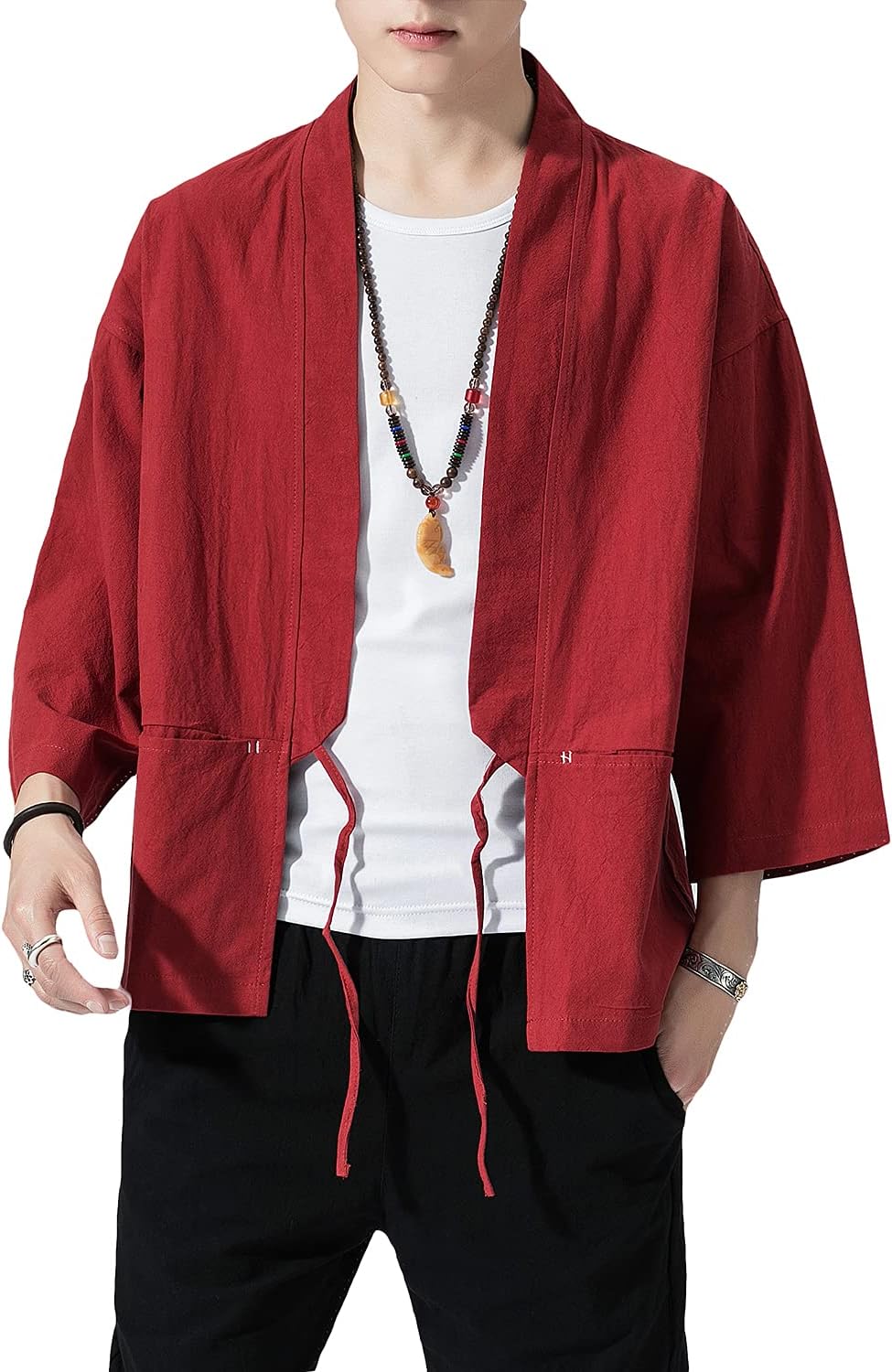 PRIJOUHE Men's Kimono Jackets Cardigan Lightweight Casual Cotton Blends Linen Seven Sleeves Open Front Coat Outwear