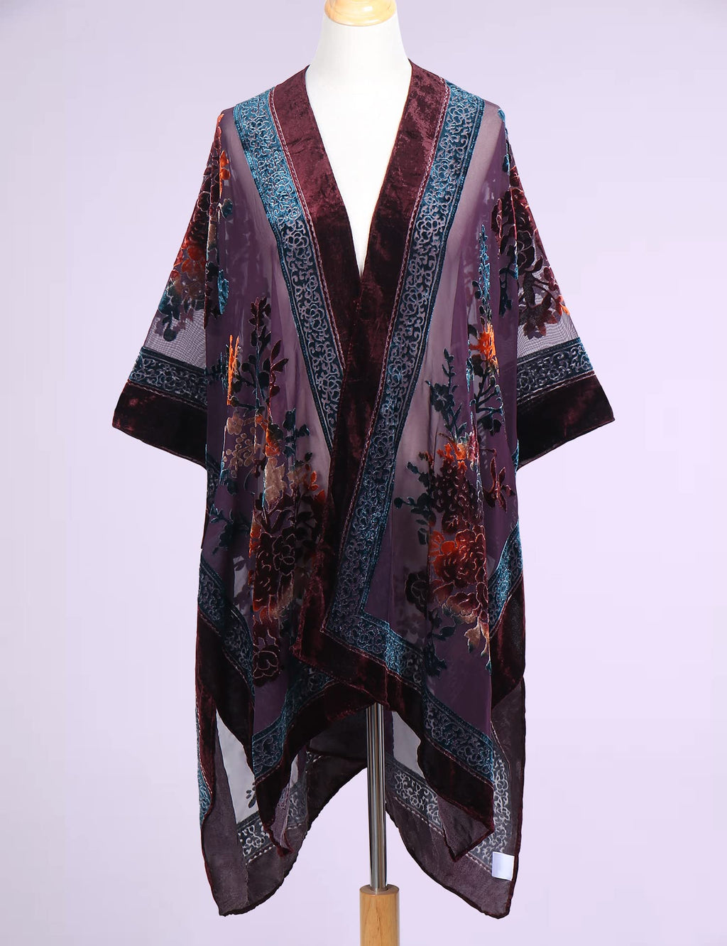 Women's Burnout Velvet Kimono Long Cardigan Cover Up Casual Outfit