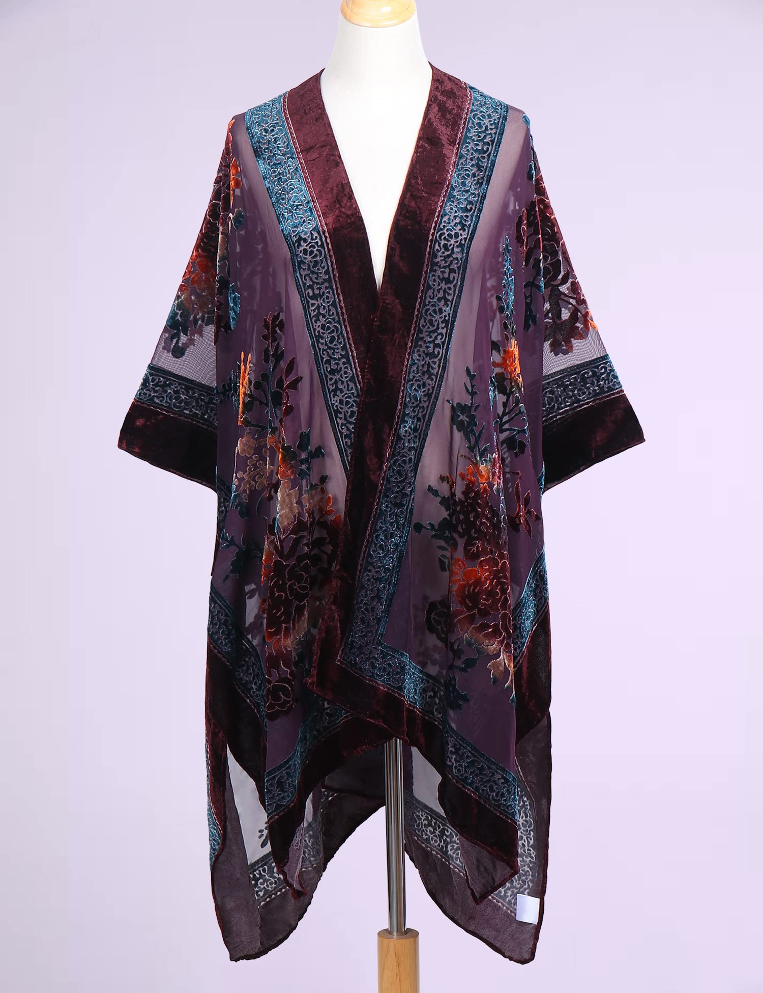 Women's Burnout Velvet Kimono Long Cardigan Cover Up Casual Outfit