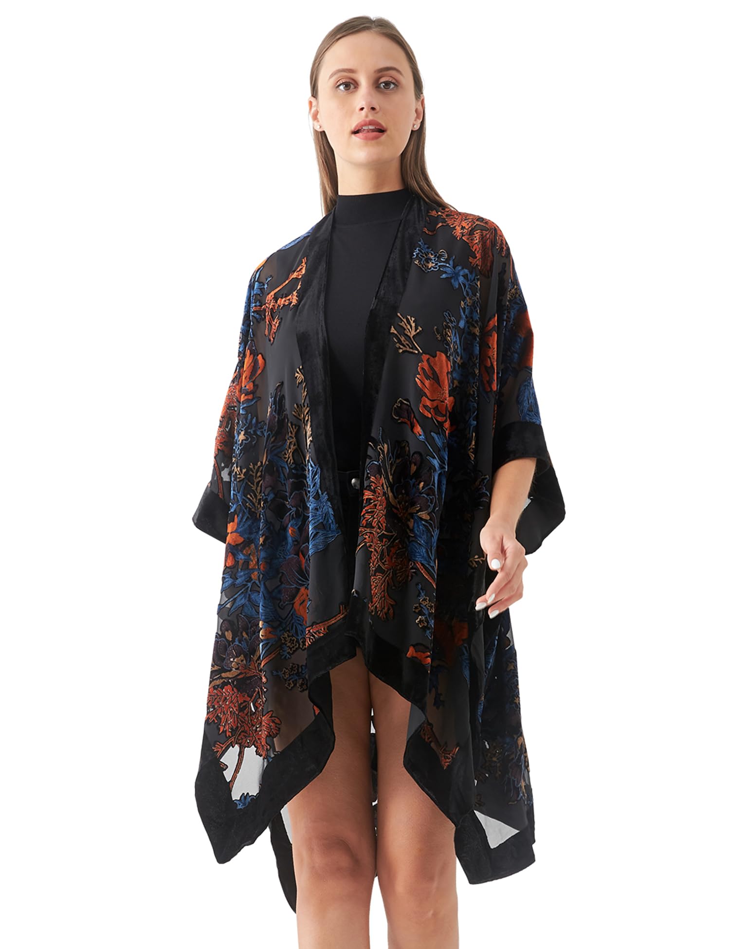 Women's Burnout Velvet Kimono Long Cardigan Cover Up Casual Outfit