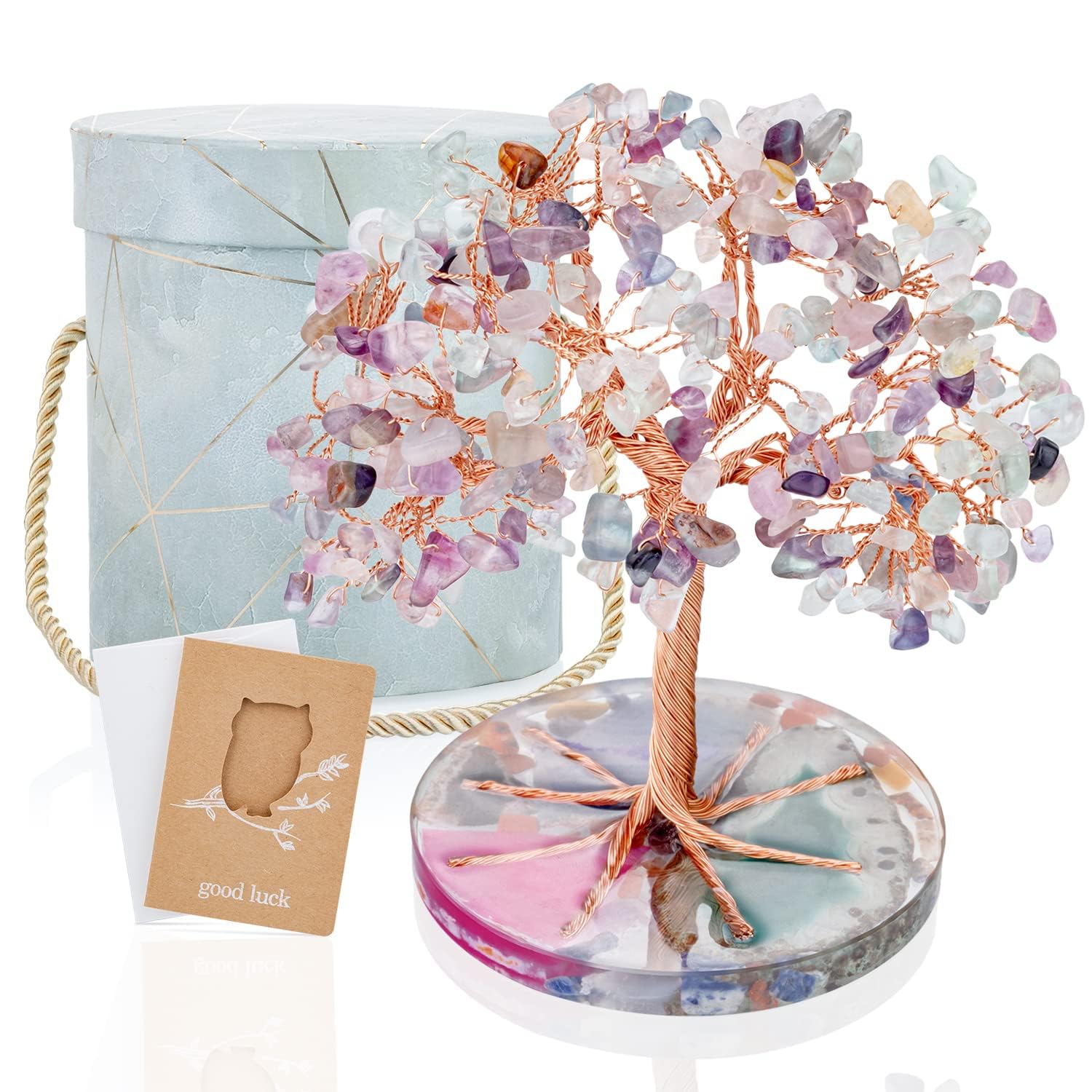 ZenBless 7 Chakra Healing Crystals Stones Tree, Amethyst, Pink Crystal, Aquamarine Leaf Wire Wrapped on Natural Agate Slice Base, Home Office Desk Living Room Feng Shui Decoration for Luck