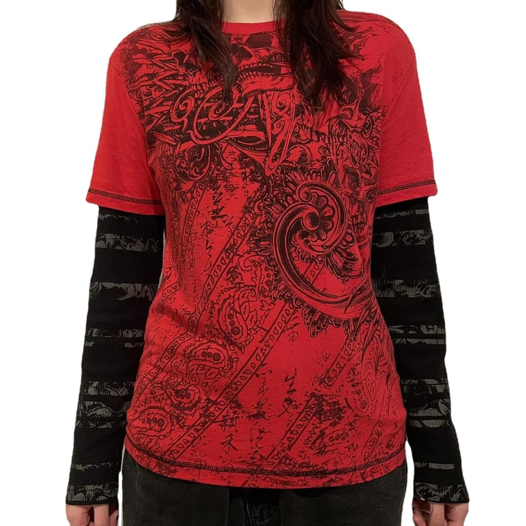 Goth Shirt Gothic Shirt Fake Two-Piece Alternative Clothing Goth Long Sleeve Top Grunge Clothes