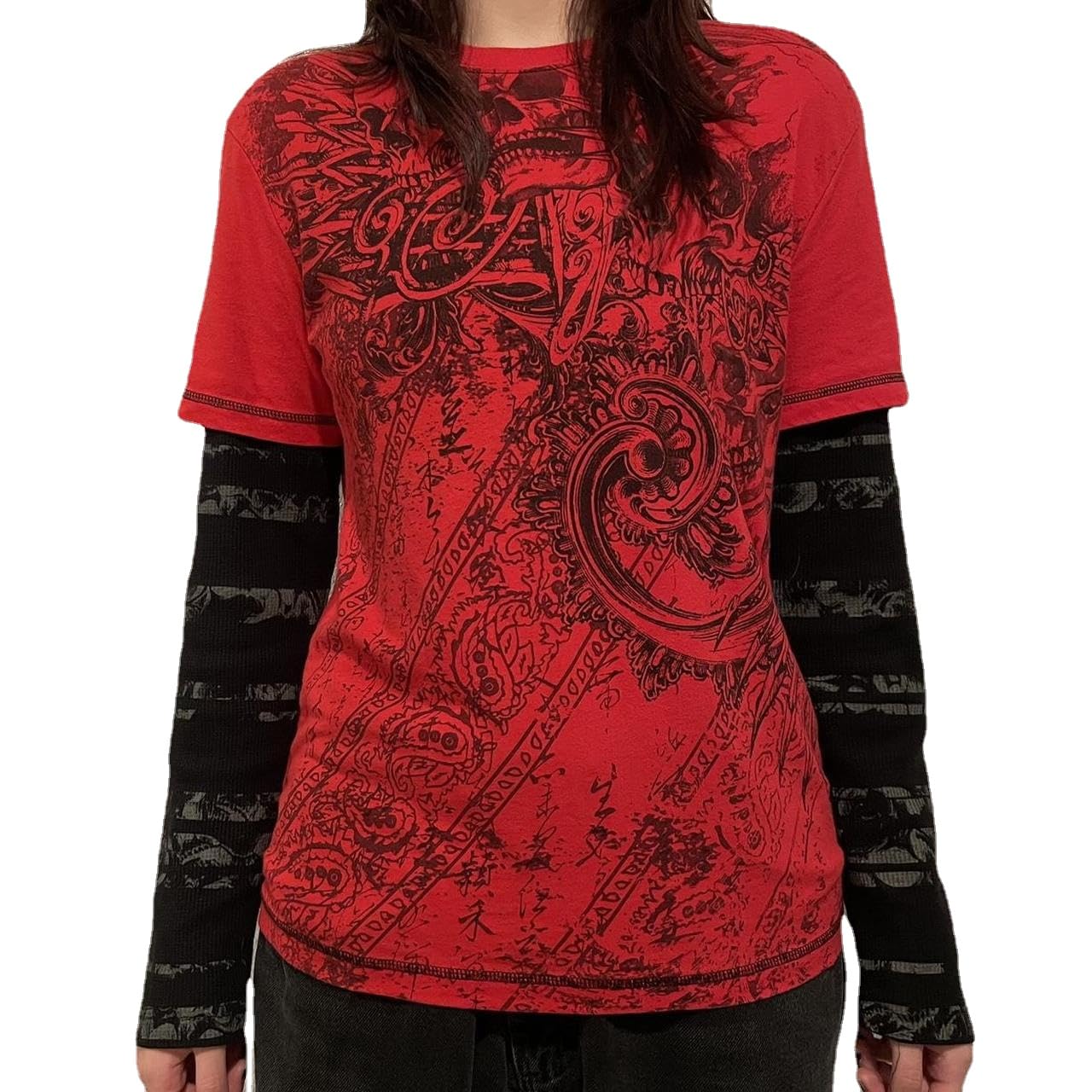 Goth Shirt Gothic Shirt Fake Two-Piece Alternative Clothing Goth Long Sleeve Top Grunge Clothes