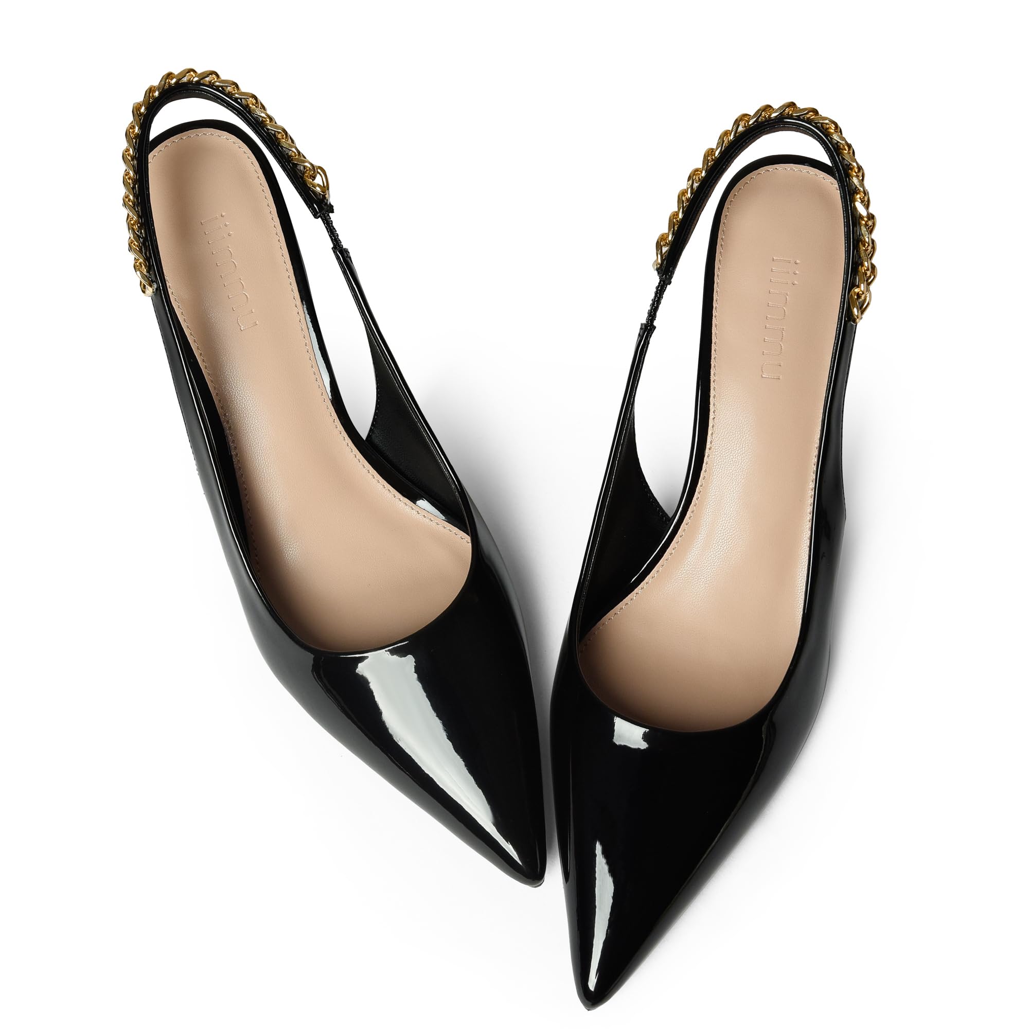 iiimmu Women's Stiletto Heels Closed Pointed Toe 4 in Heels for Women Patent Leather Pumps with Chain Wedding Party Dress Prom Heels Slingback Pumps