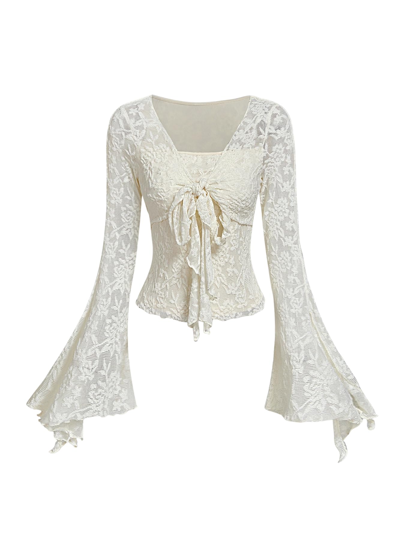 Verdusa Women's Y2K Tie Front Tops Bell Sleeve Floral Print Mesh Tops Long Sleeve Shirts 2000s Clothing