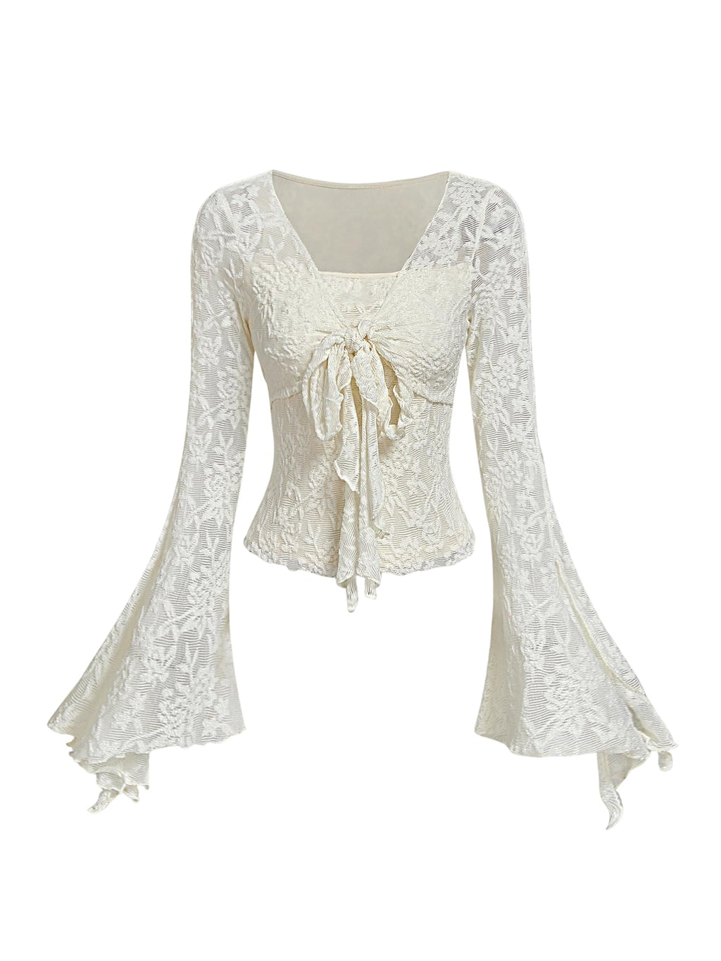 Verdusa Women's Y2K Tie Front Tops Bell Sleeve Floral Print Mesh Tops Long Sleeve Shirts 2000s Clothing