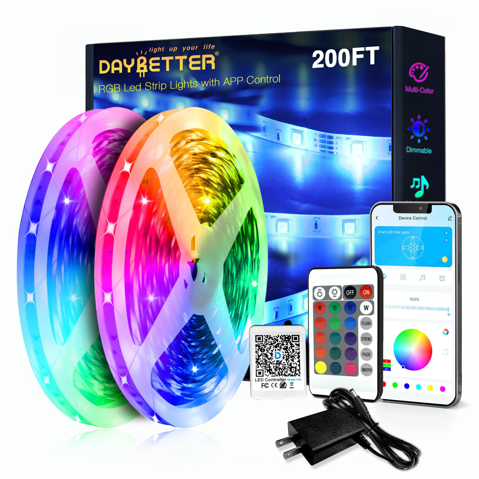 DAYBETTER LED Strip Lights 130ft Lights Strip for Bedroom, Desk, Indoor Room Bedroom Brithday Gifts RGB Decor with Remote and 24V Power Supply