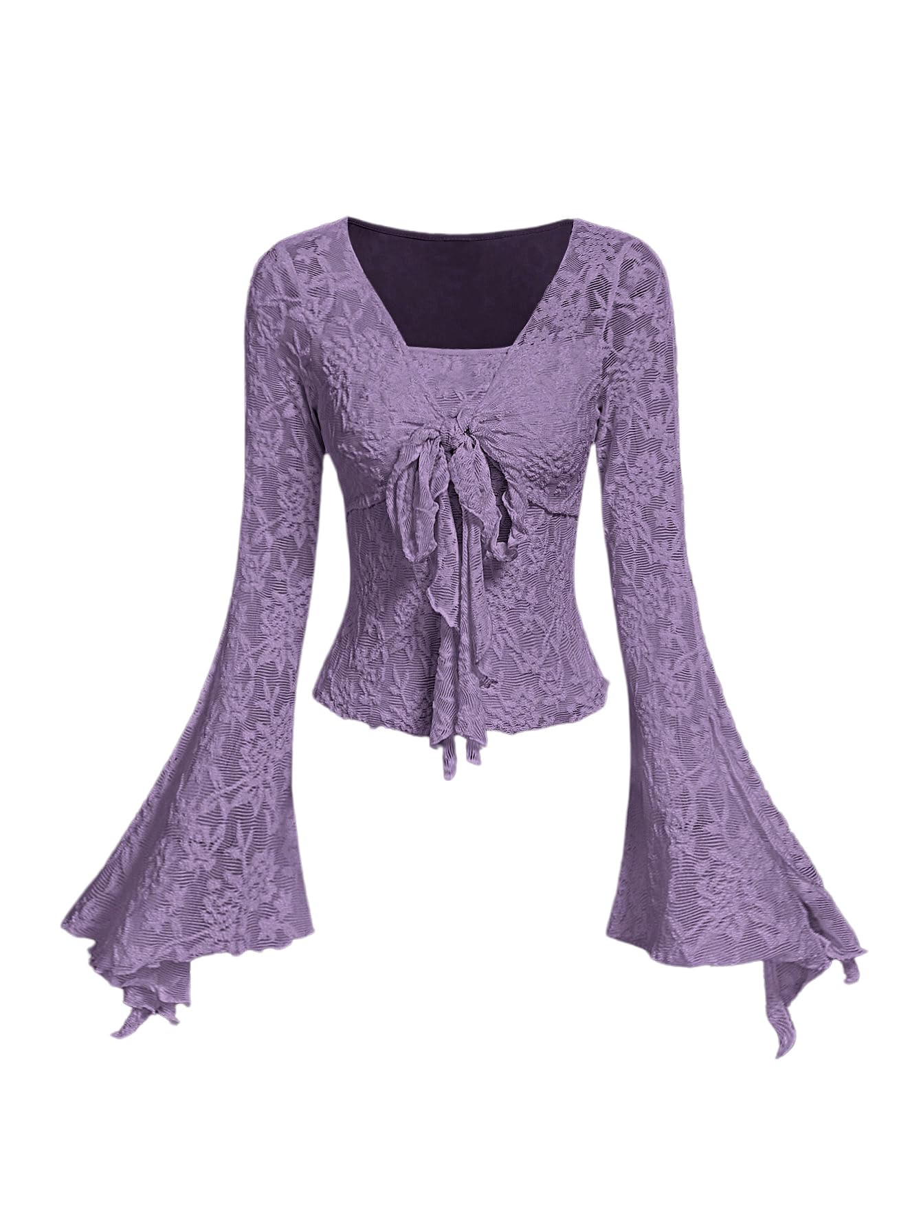 Verdusa Women's Y2K Tie Front Tops Bell Sleeve Floral Print Mesh Tops Long Sleeve Shirts 2000s Clothing