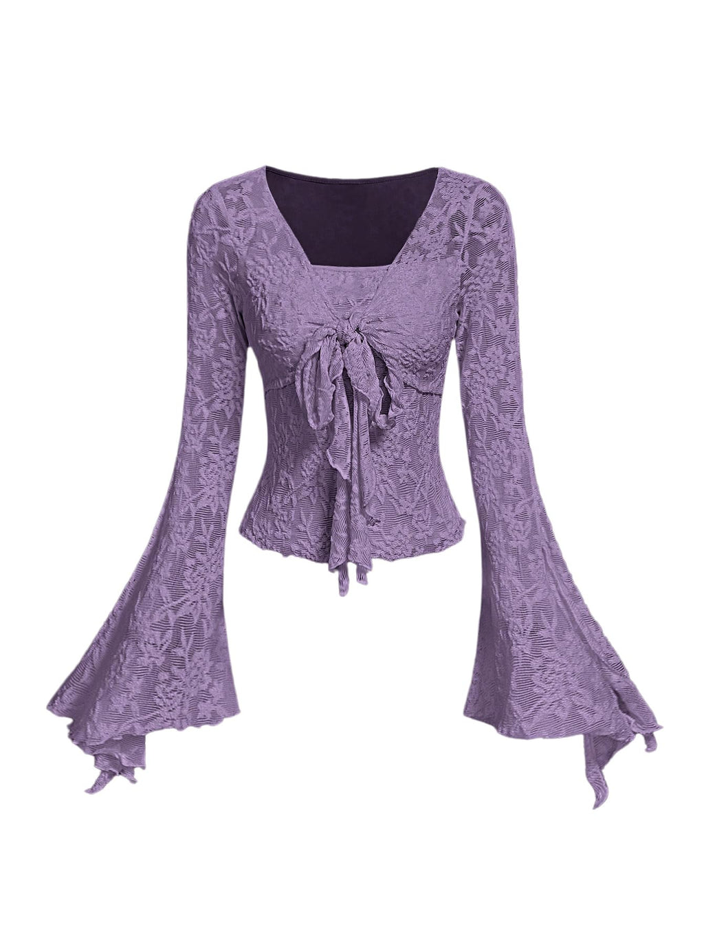 Verdusa Women's Y2K Tie Front Tops Bell Sleeve Floral Print Mesh Tops Long Sleeve Shirts 2000s Clothing