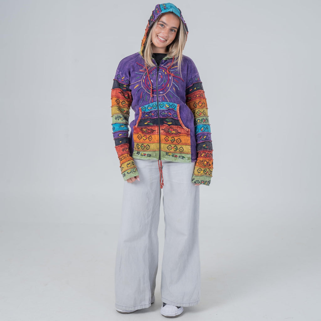 Shopoholic Fashion Women's Full Sleeve Gothic Sun Patchwork Faded Pixie Cotton Hippy Rib Hoodie