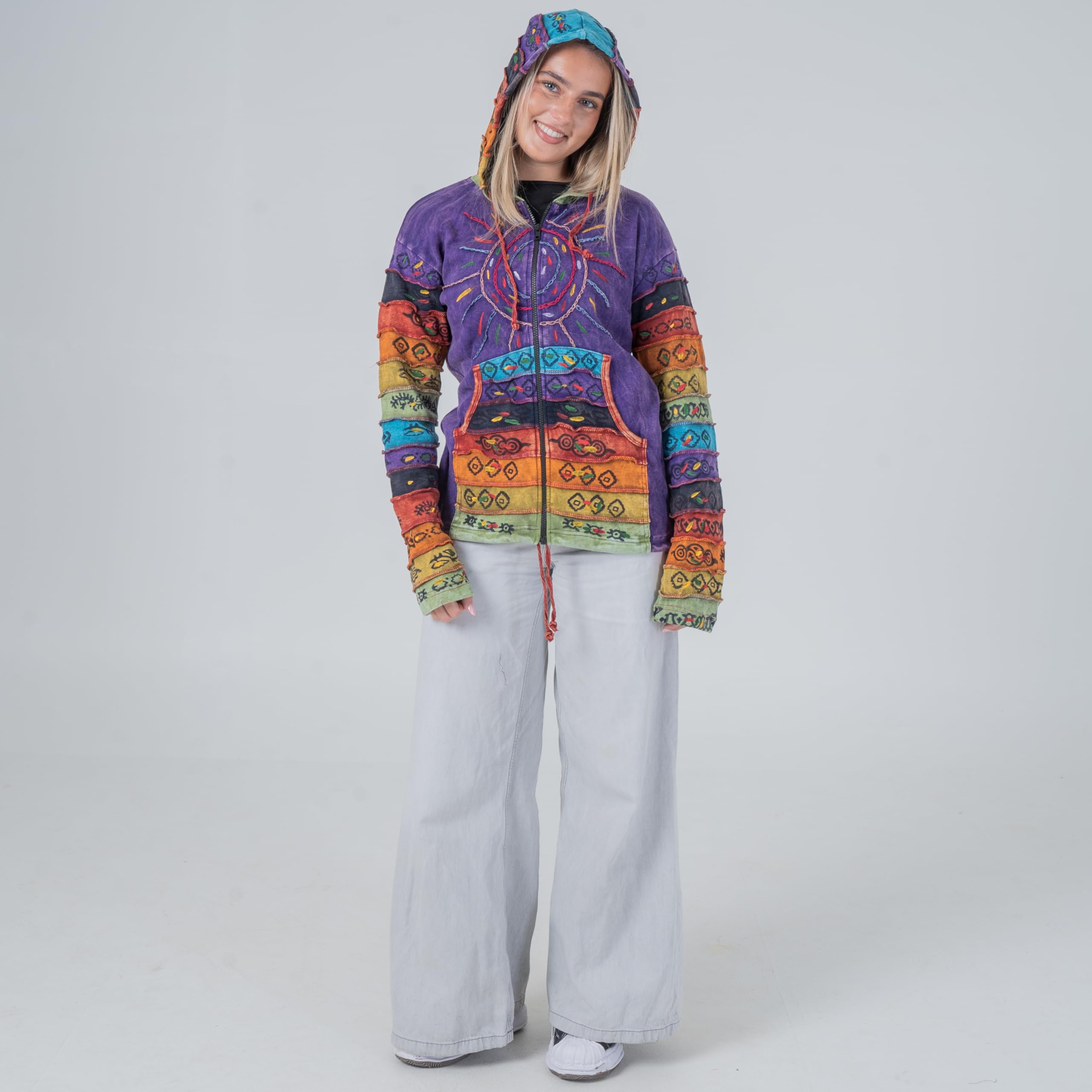 Shopoholic Fashion Women's Full Sleeve Gothic Sun Patchwork Faded Pixie Cotton Hippy Rib Hoodie