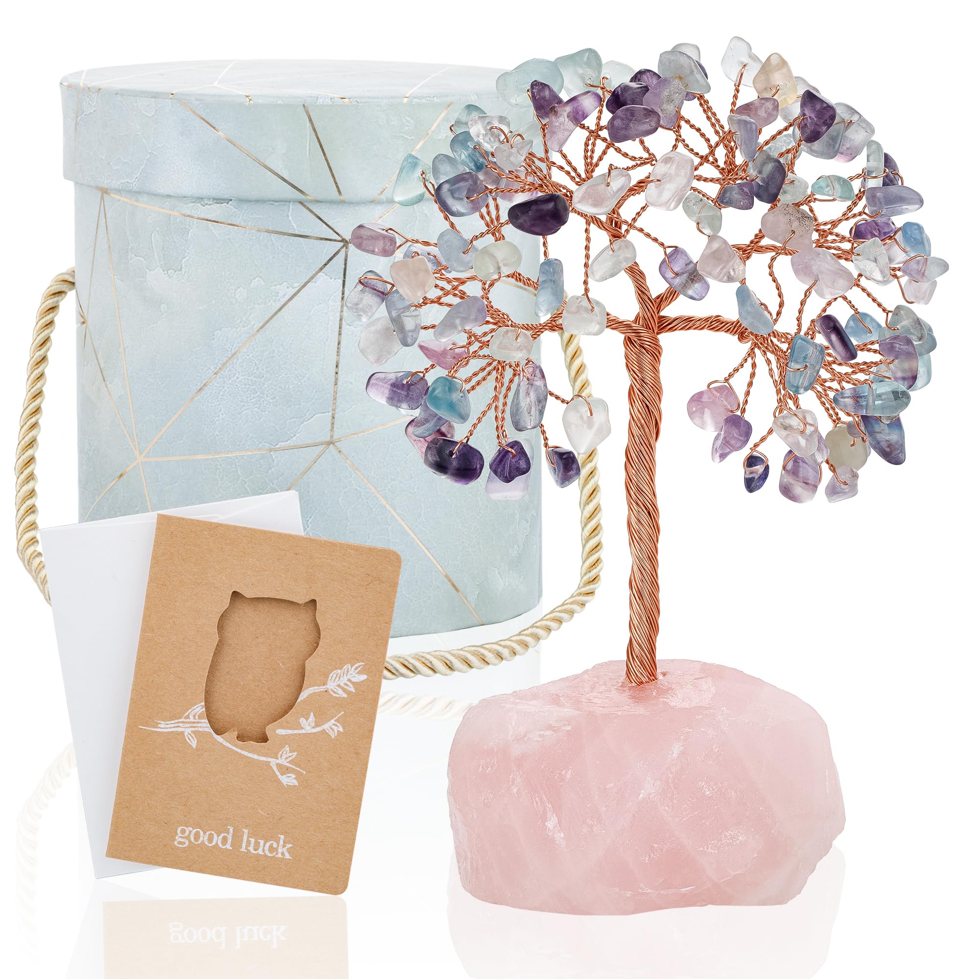 ZenBless 7 Chakra Healing Crystals Stones Tree, Amethyst, Pink Crystal, Aquamarine Leaf Wire Wrapped on Natural Agate Slice Base, Home Office Desk Living Room Feng Shui Decoration for Luck