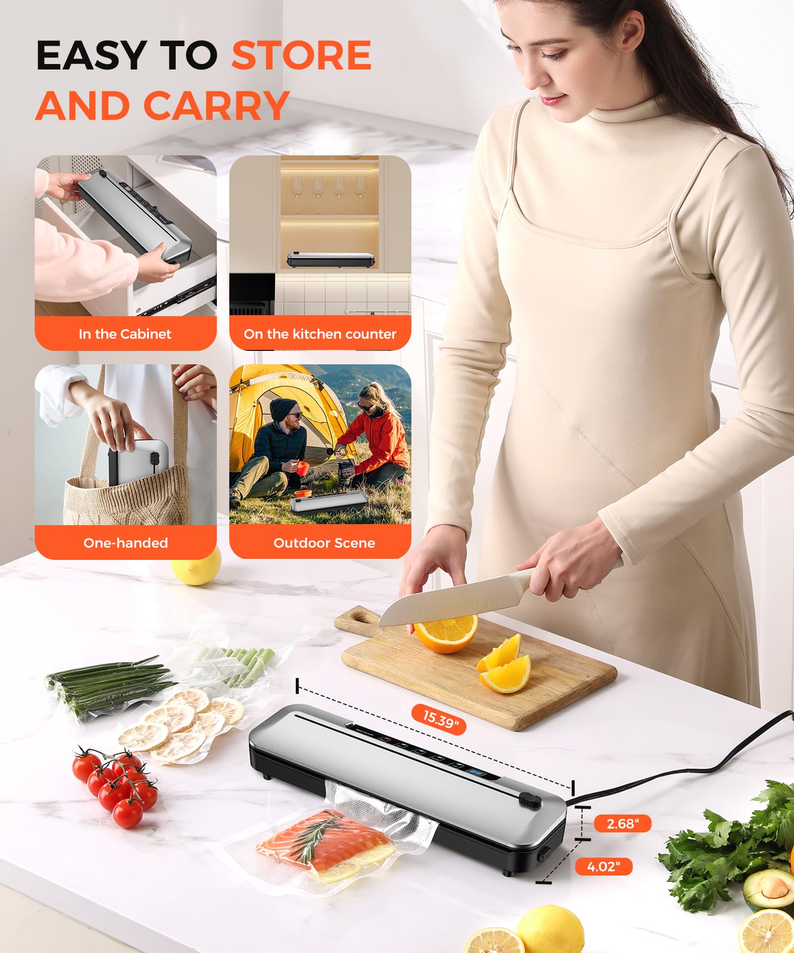 75KPa Food Vacuum Sealer,Light 6-in-1 Dry/Moist Modes with Digital Timer,Ft cu Built-in Cutter, Compact Design, Large Includes 10 Bags (Sliver) 14.8