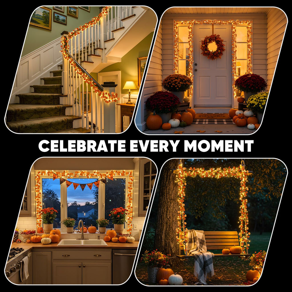 suddus Vine with Fairy Lights Battery Operated, 33ft 100 LED Maple Leaf String Lights with Remote, Dimmable Fall Garland with Lights for Bedroom Wall Indoor Outdoor Thanksgiving Decor (Warm White)