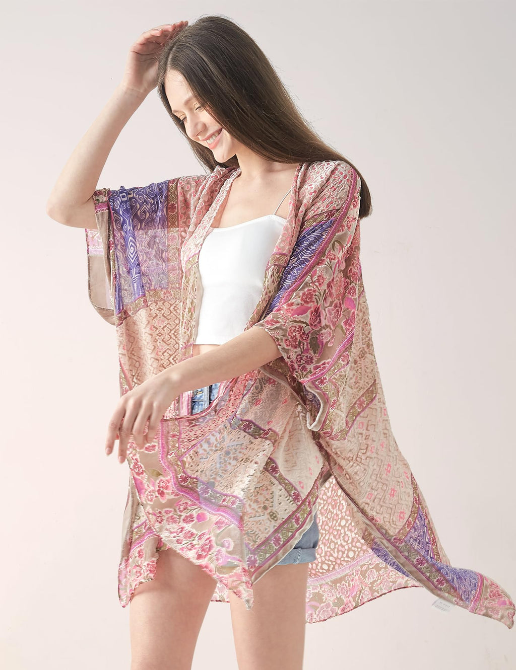 Women's Burnout Velvet Kimono Long Cardigan Cover Up Casual Outfit