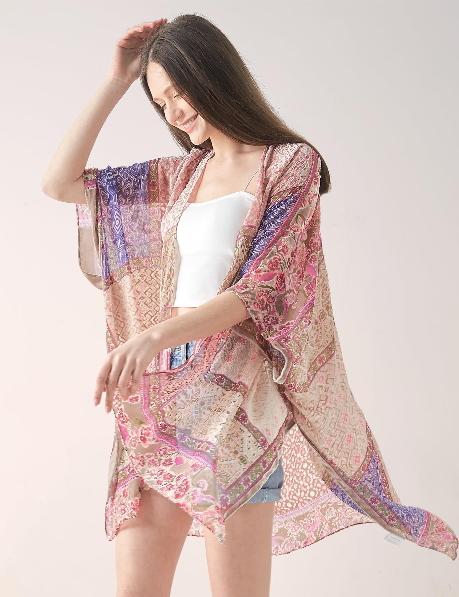 Women's Burnout Velvet Kimono Long Cardigan Cover Up Casual Outfit