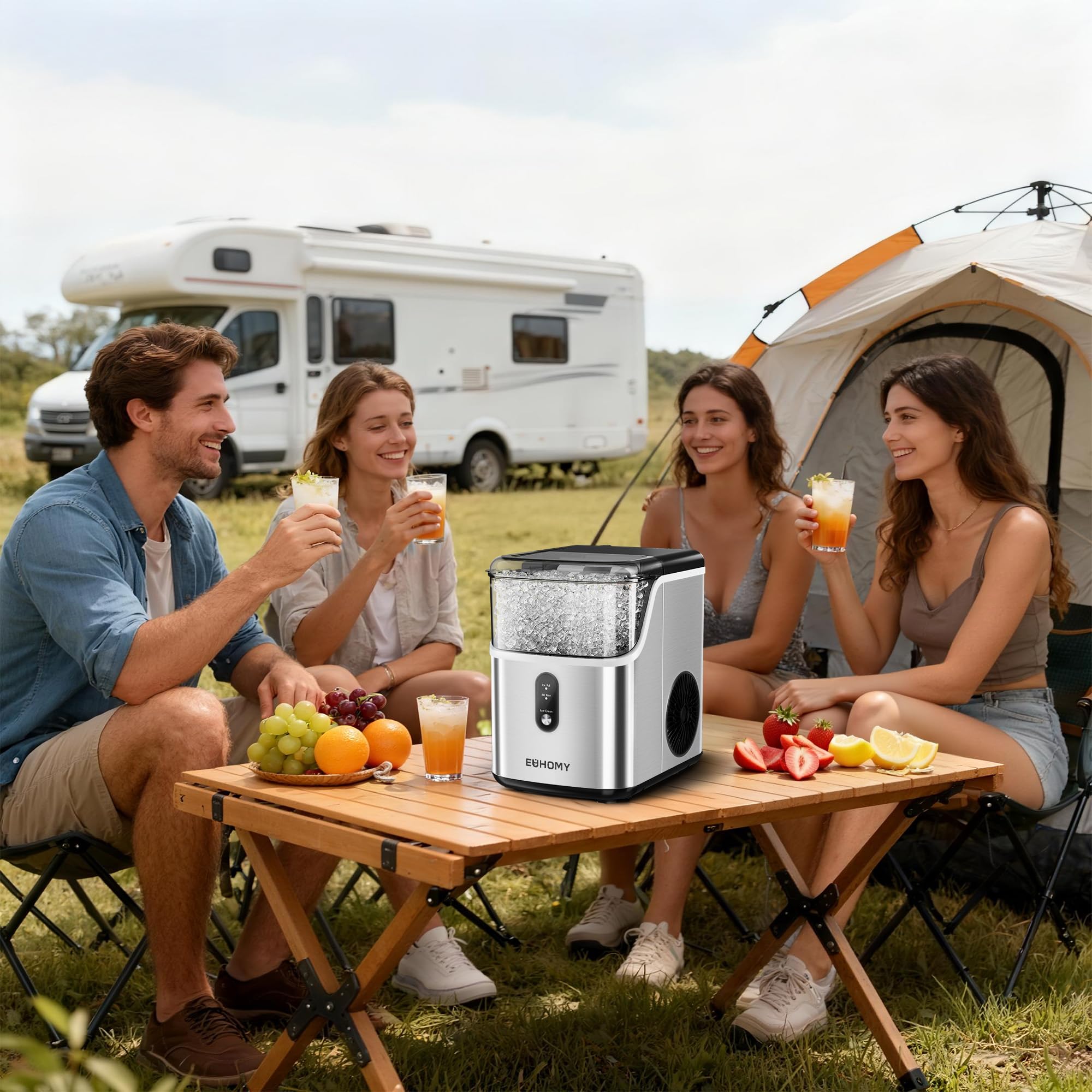 EUHOMY Nugget Ice Makers for Countertop with Ice Scoop & Basket, Self-Cleaning Sonic Pebble/Pellet Ice Maker Machine with 35lbs/24H Soft Ice for Home/Kitchen/Office, Stainless Steel, Silver