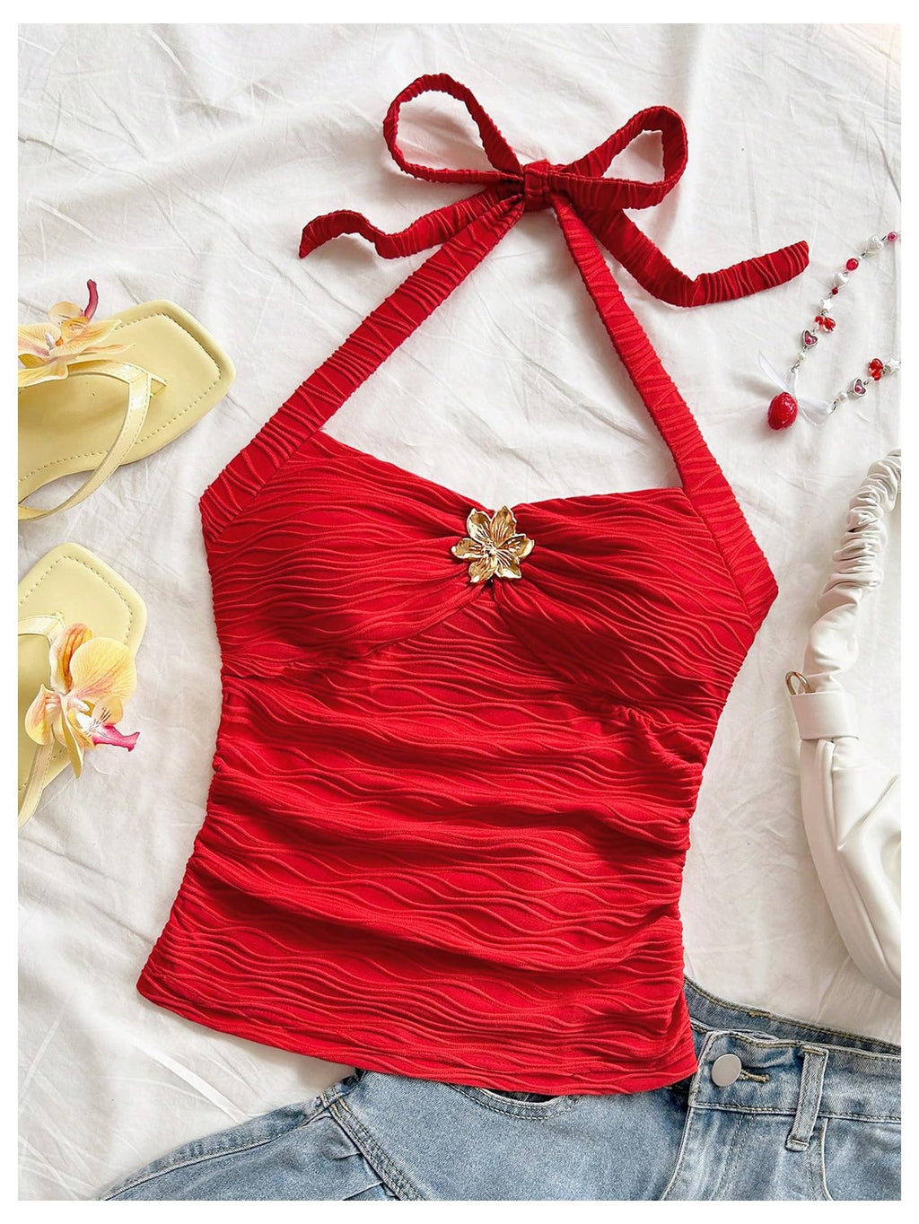 SOLY HUX Women's V Neck Halter Tops Open Back Y2k Ruched Floral Metal Summer Going Out Cami Tops