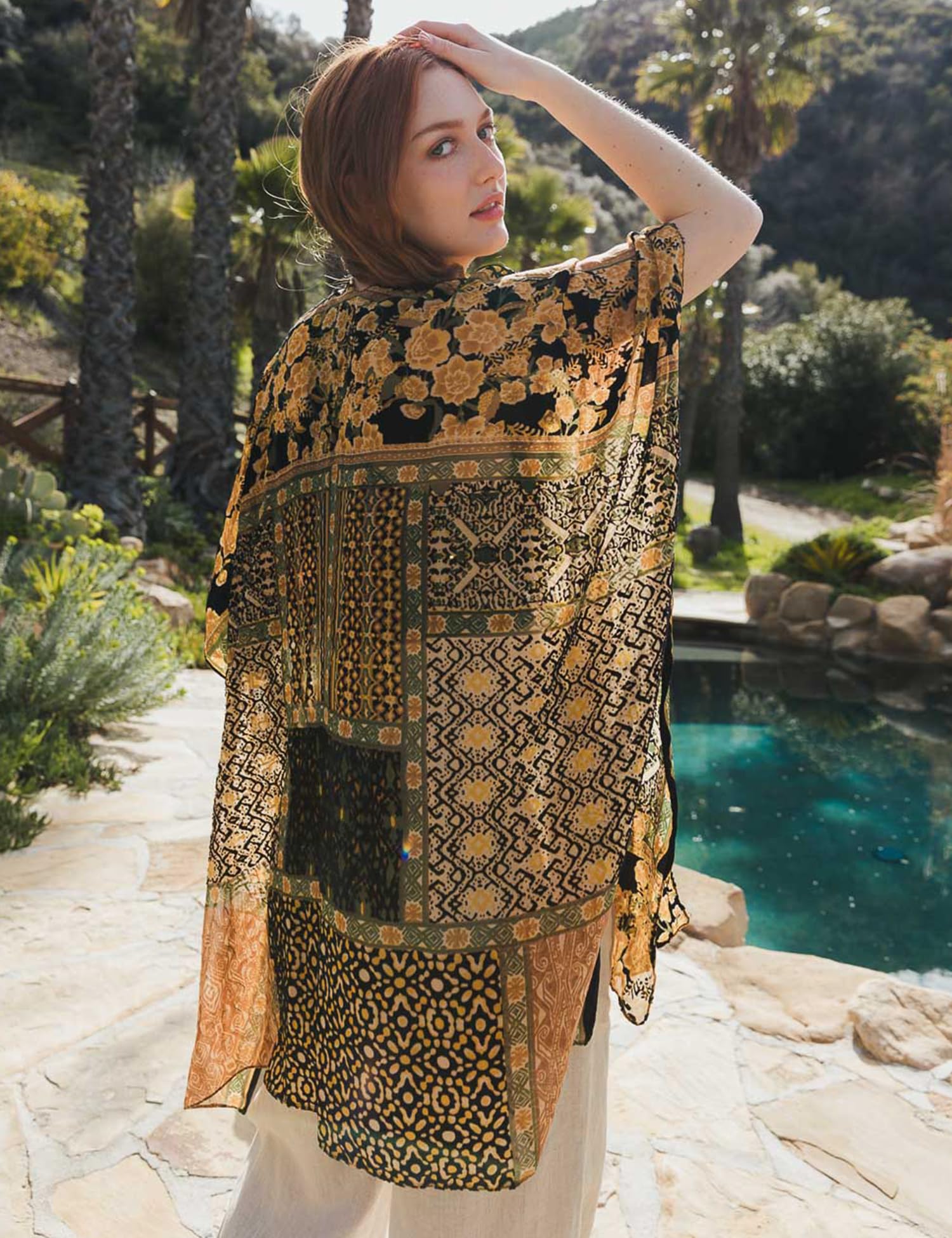 Women's Burnout Velvet Kimono Long Cardigan Cover Up Casual Outfit