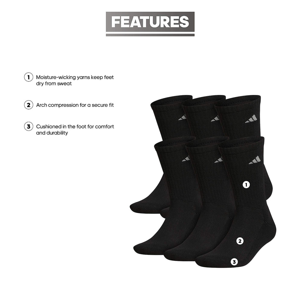 adidas Men's Athletic Cushioned 6-Pack Crew, Cushioned Crew Socks with Arch Compression for a Secure Fit