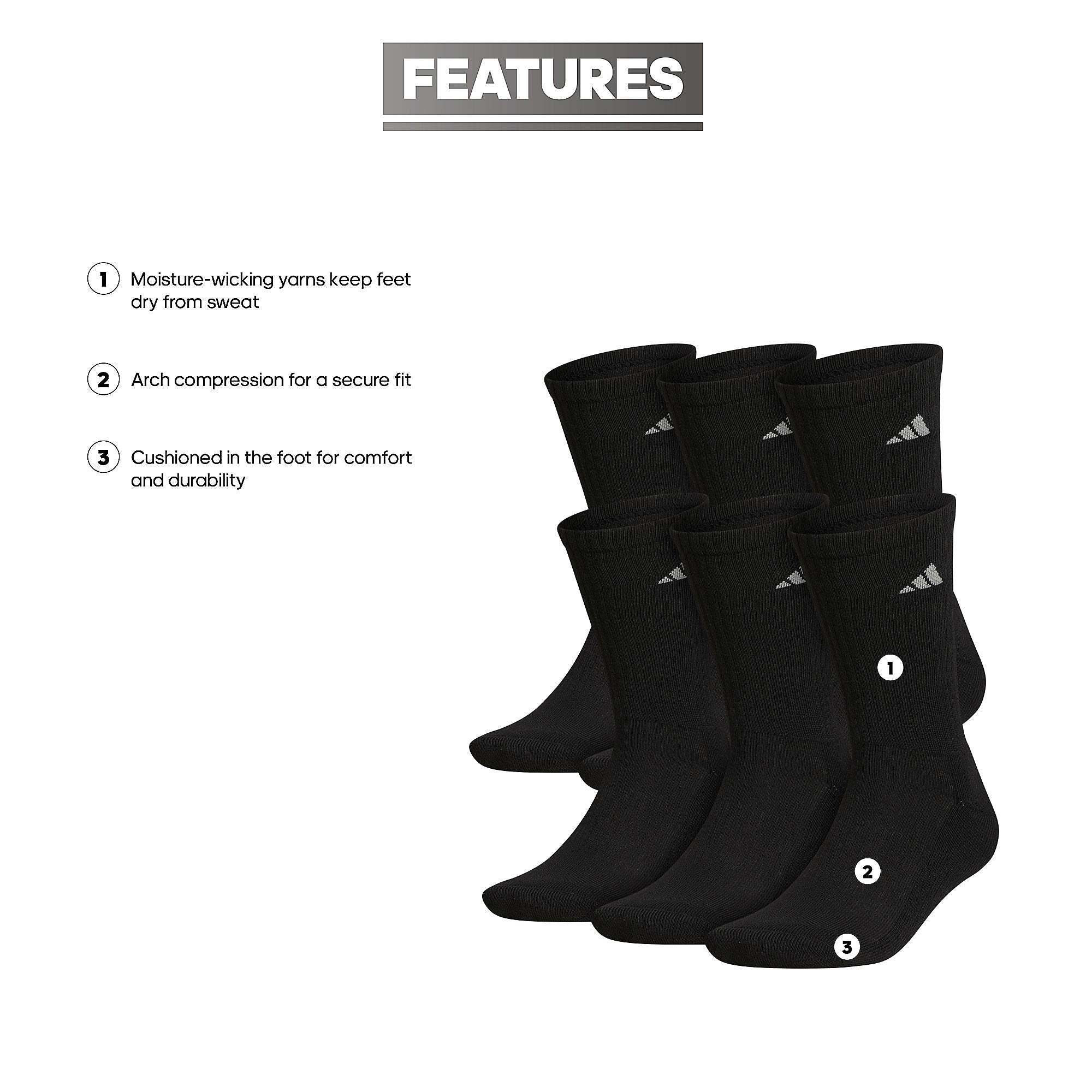 adidas Men's Athletic Cushioned 6-Pack Crew, Cushioned Crew Socks with Arch Compression for a Secure Fit