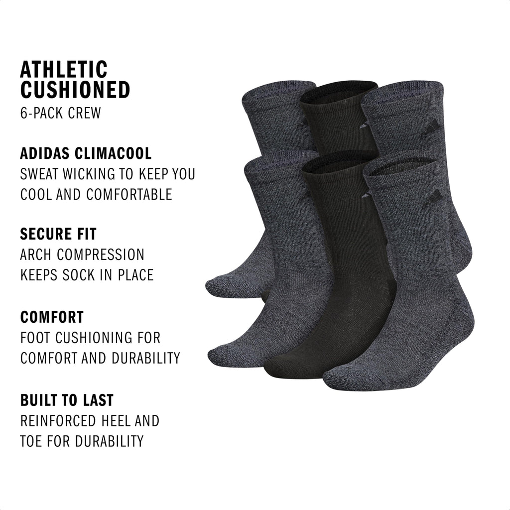 adidas Men's Athletic Cushioned 6-Pack Crew, Cushioned Crew Socks with Arch Compression for a Secure Fit