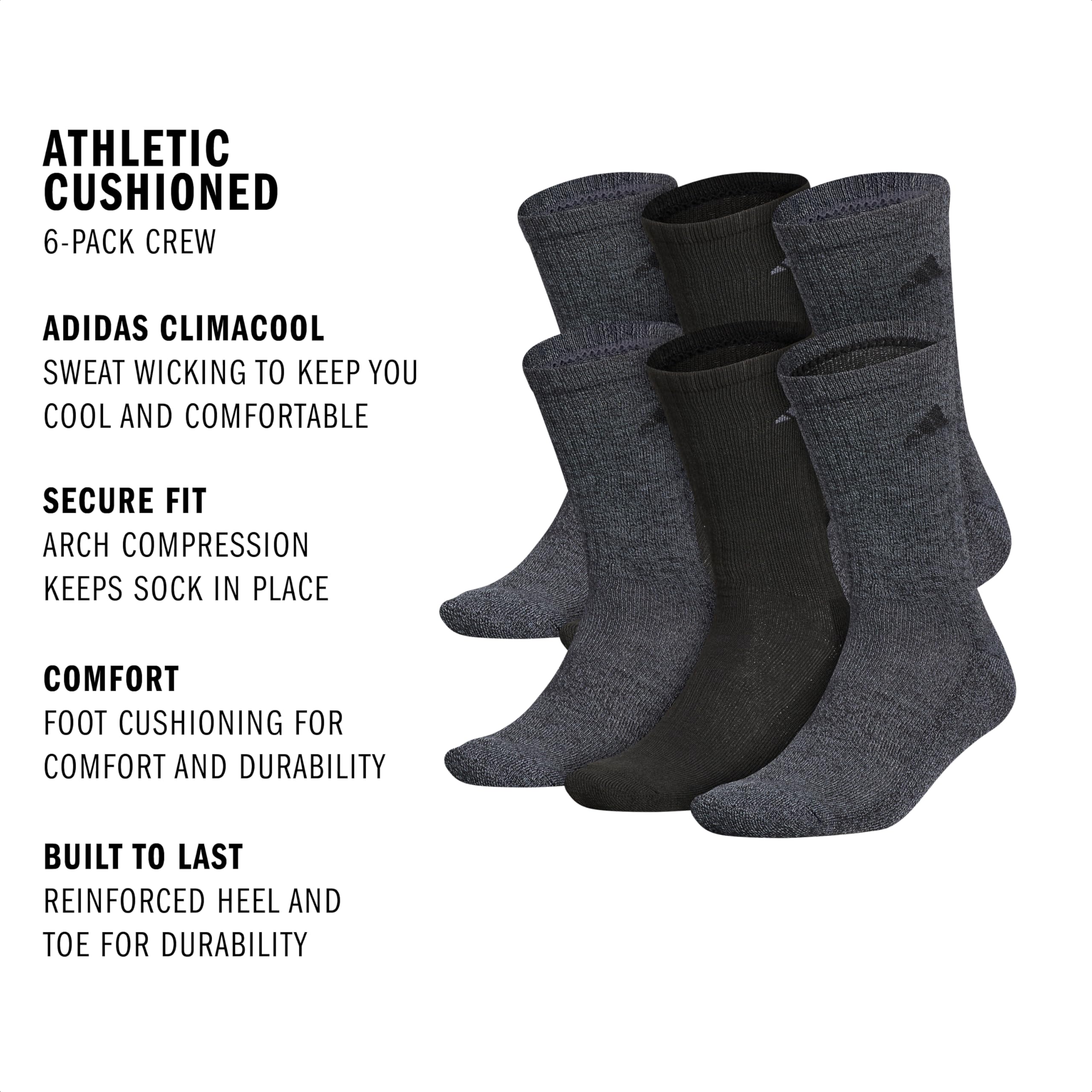 adidas Men's Athletic Cushioned 6-Pack Crew, Cushioned Crew Socks with Arch Compression for a Secure Fit