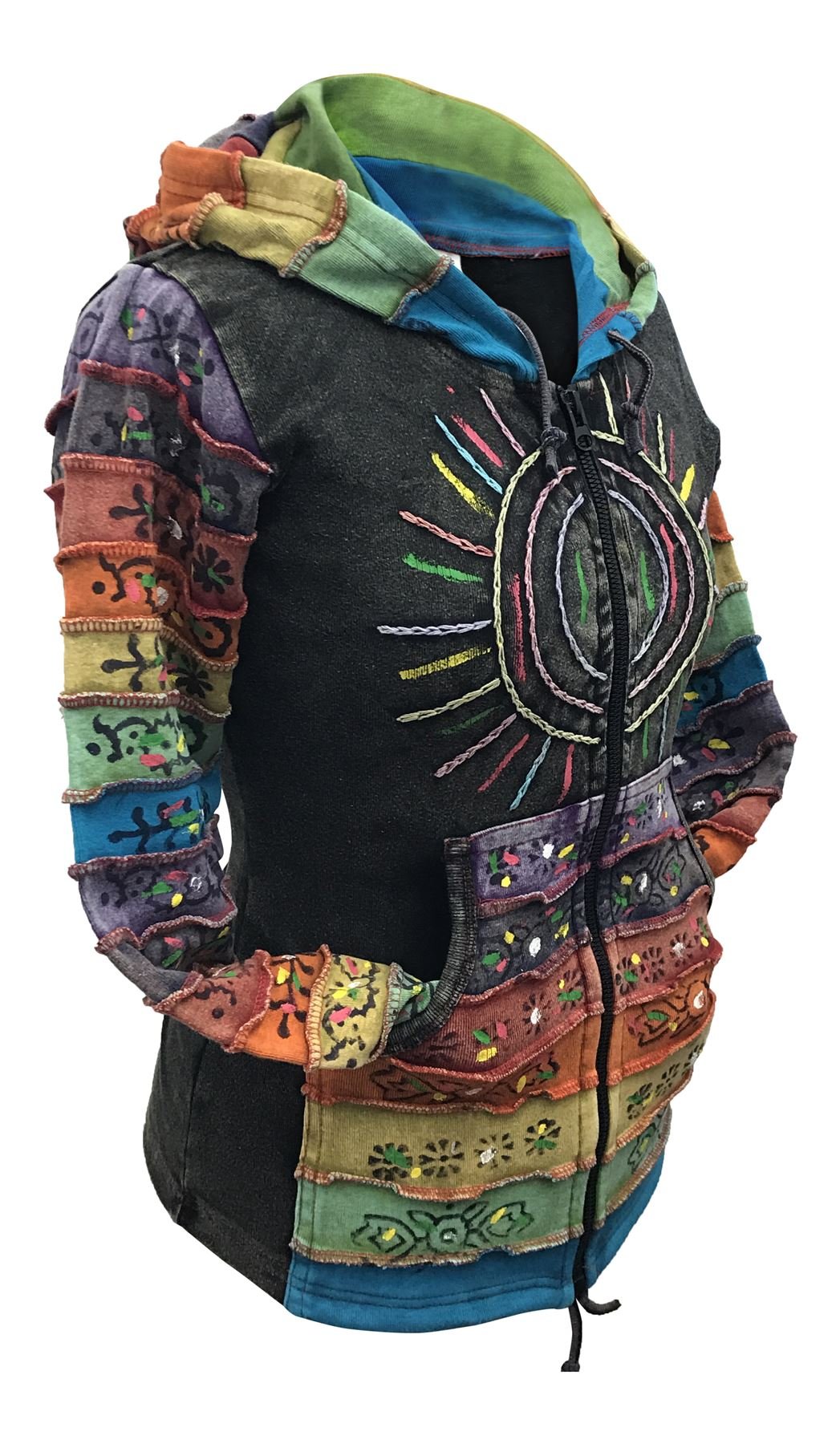 Shopoholic Fashion Women's Full Sleeve Gothic Sun Patchwork Faded Pixie Cotton Hippy Rib Hoodie