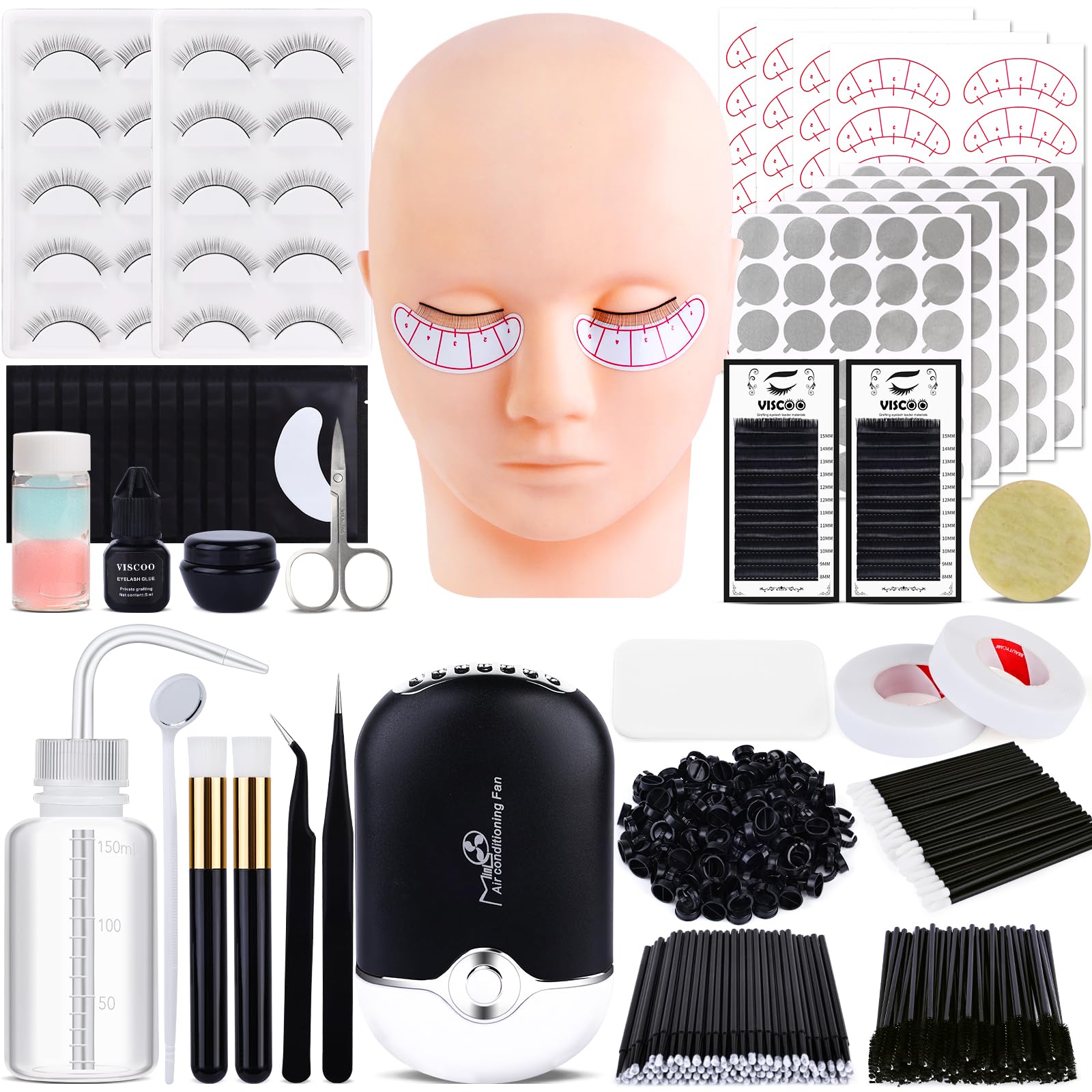 Eyelash Extension Kit for Beginners, Professional Lash Extension Kit with Mannequin Head, Lash Starter Kit with Lash Fan, Lash Extension Supplies for Practice Training Kit