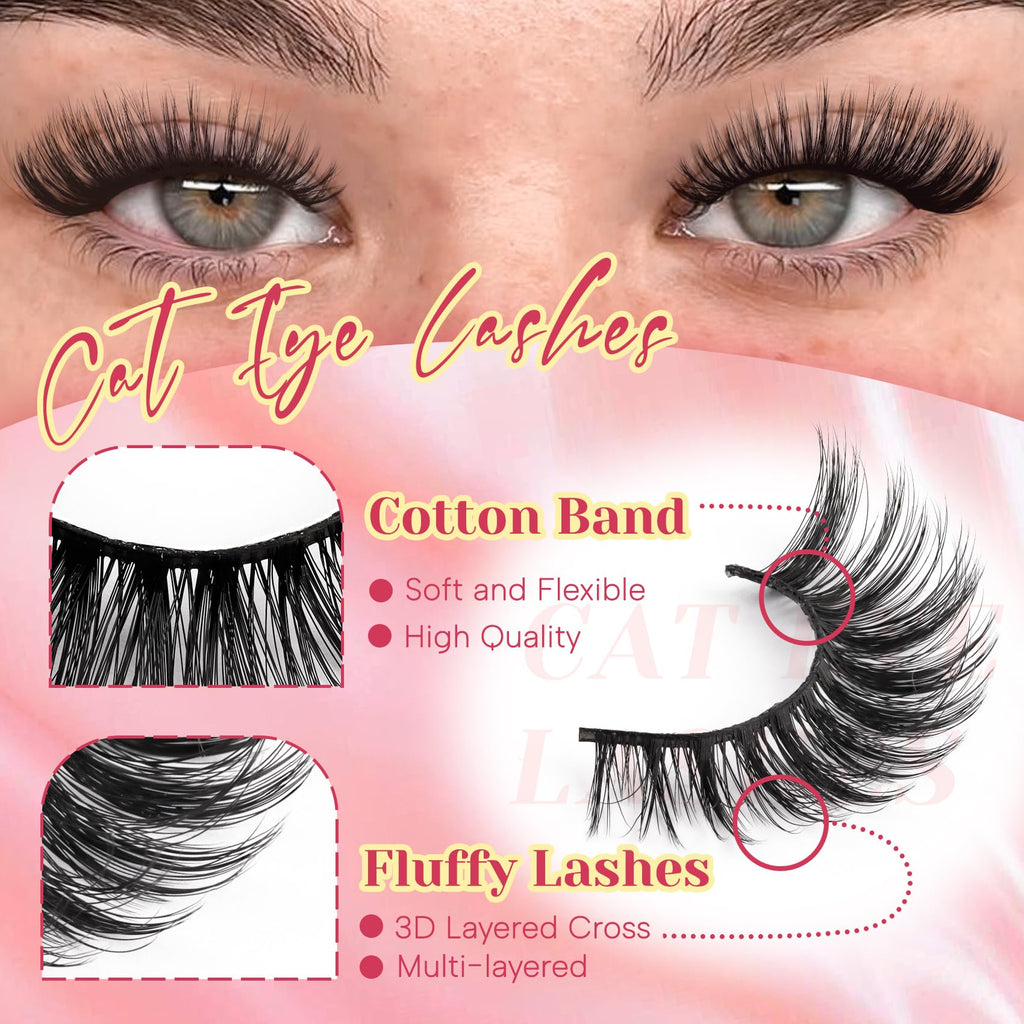 Ahrikiss Lashes Wispy False Eyelashes Natural Look Cat Eye Lashes 8 Pairs Faux Mink Lashes Lightweight Eyelashes Kit with Lash Glue and Lash Tweezers Soft Fake Lashes (Ethereal)