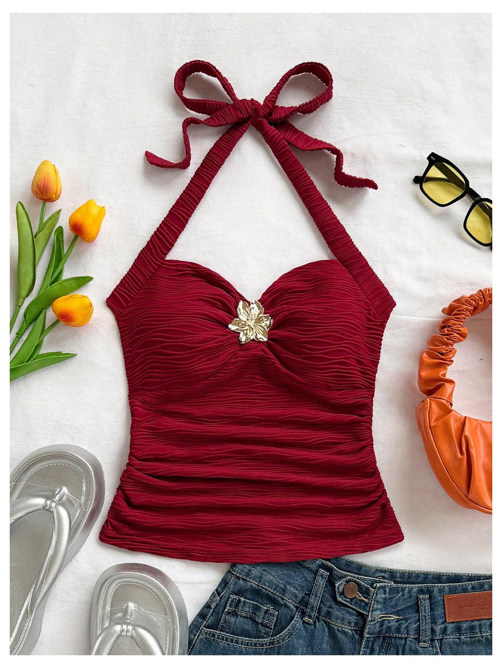 SOLY HUX Women's V Neck Halter Tops Open Back Y2k Ruched Floral Metal Summer Going Out Cami Tops