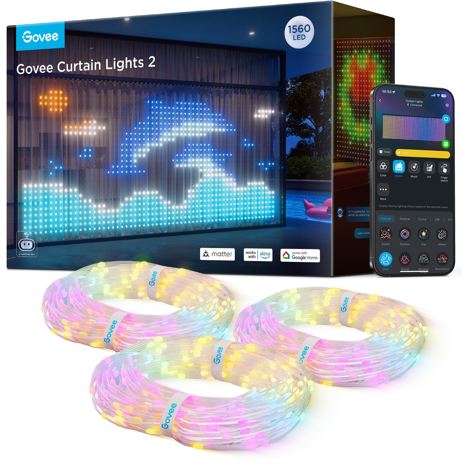 Govee Curtain Lights 2, 520 LEDs, Smart LED Curtain Light with DIY GIF AIGC, Non-Splicable, RGBIC Color Changing Holiday Lights for Indoor Outdoor Bedroom Window Decor, IP65 Waterproof, 4.9×6.6ft