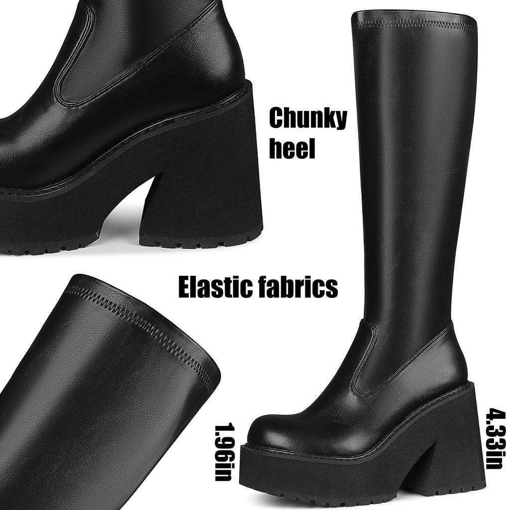 AMINUGAL Womens Elastic Knee High Platform Chunky Block High Heel Sock Boots Zipper Round Toe Fashion Motorcycle Combat Punk Boots For Women