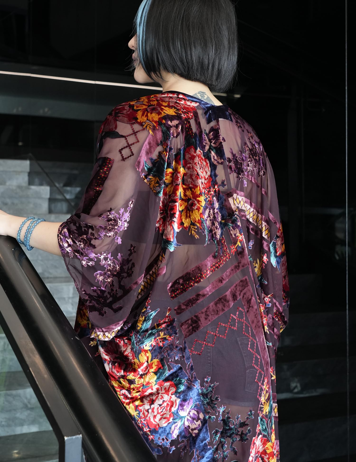 Women's Burnout Velvet Kimono Long Cardigan Cover Up Casual Outfit