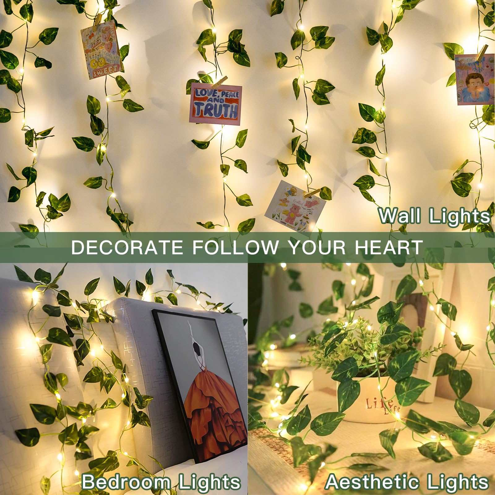 suddus Vine with Fairy Lights Battery Operated, 33ft 100 LED Maple Leaf String Lights with Remote, Dimmable Fall Garland with Lights for Bedroom Wall Indoor Outdoor Thanksgiving Decor (Warm White)
