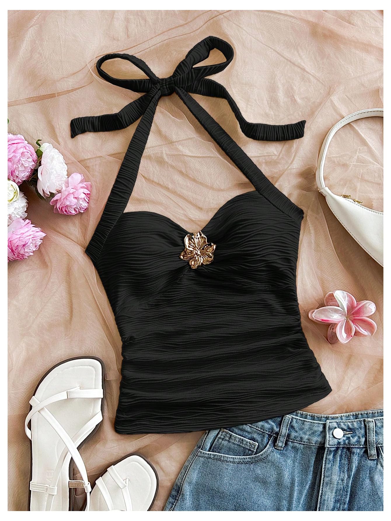 SOLY HUX Women's V Neck Halter Tops Open Back Y2k Ruched Floral Metal Summer Going Out Cami Tops