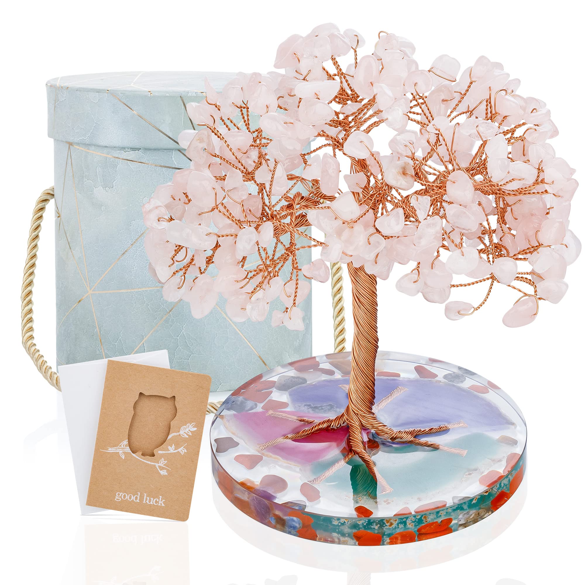 ZenBless 7 Chakra Healing Crystals Stones Tree, Amethyst, Pink Crystal, Aquamarine Leaf Wire Wrapped on Natural Agate Slice Base, Home Office Desk Living Room Feng Shui Decoration for Luck