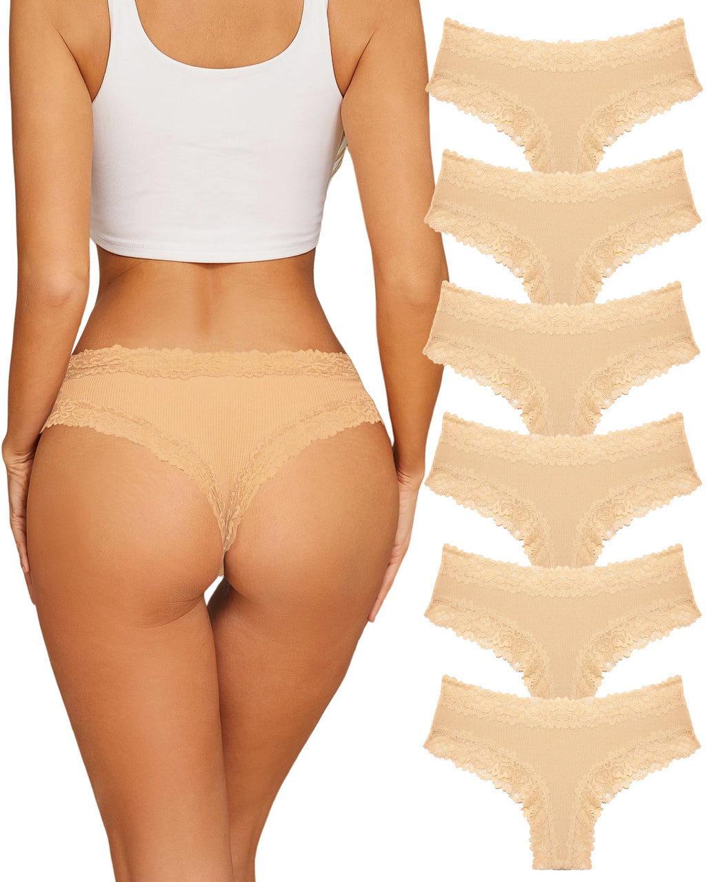 Sth Big Womens Cotton Underwear Sexy Lace Brazilian Panties Soft Breathable Cotton Bikini for Ladies 6 Pack