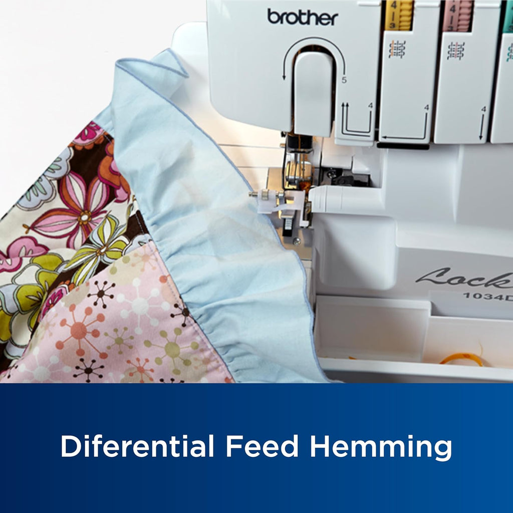 Brother Serger, 1034D, Heavy-Duty Metal Frame Overlock Machine, 1,300 Stitches Per Minute, Removeable Trim Trap, 3 Included Accessory Feet, White