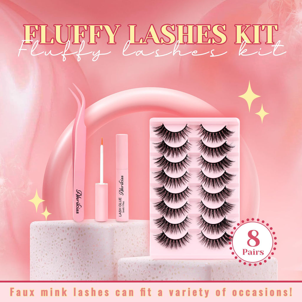 Ahrikiss Lashes Wispy False Eyelashes Natural Look Cat Eye Lashes 8 Pairs Faux Mink Lashes Lightweight Eyelashes Kit with Lash Glue and Lash Tweezers Soft Fake Lashes (Ethereal)