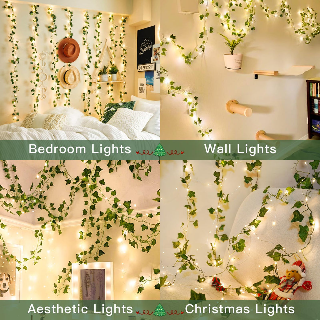 suddus Vine with Fairy Lights Battery Operated, 33ft 100 LED Maple Leaf String Lights with Remote, Dimmable Fall Garland with Lights for Bedroom Wall Indoor Outdoor Thanksgiving Decor (Warm White)