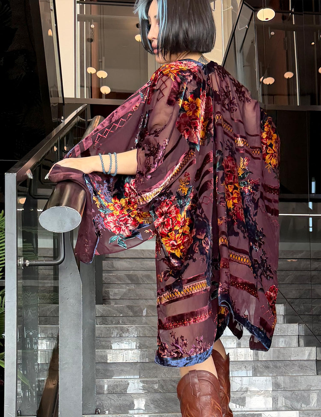 Women's Burnout Velvet Kimono Long Cardigan Cover Up Casual Outfit