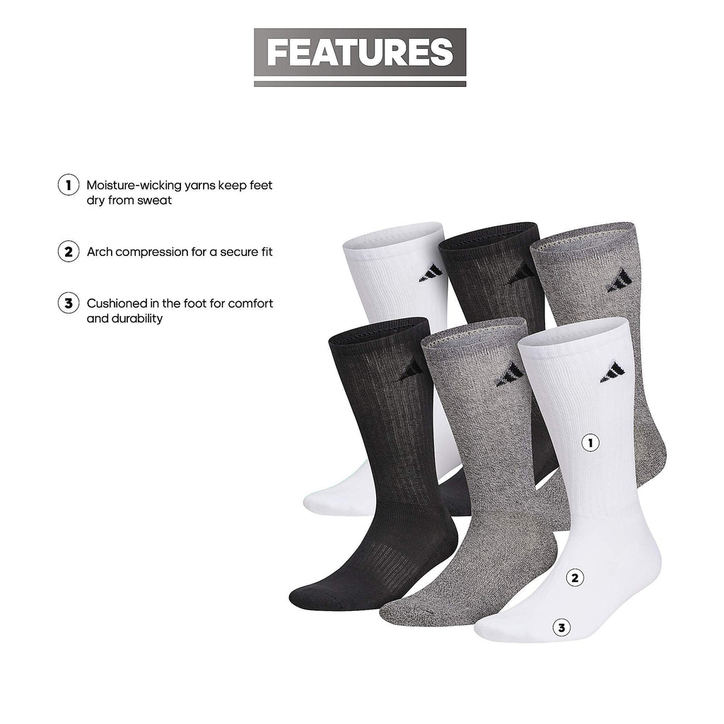 adidas Men's Athletic Cushioned 6-Pack Crew, Cushioned Crew Socks with Arch Compression for a Secure Fit