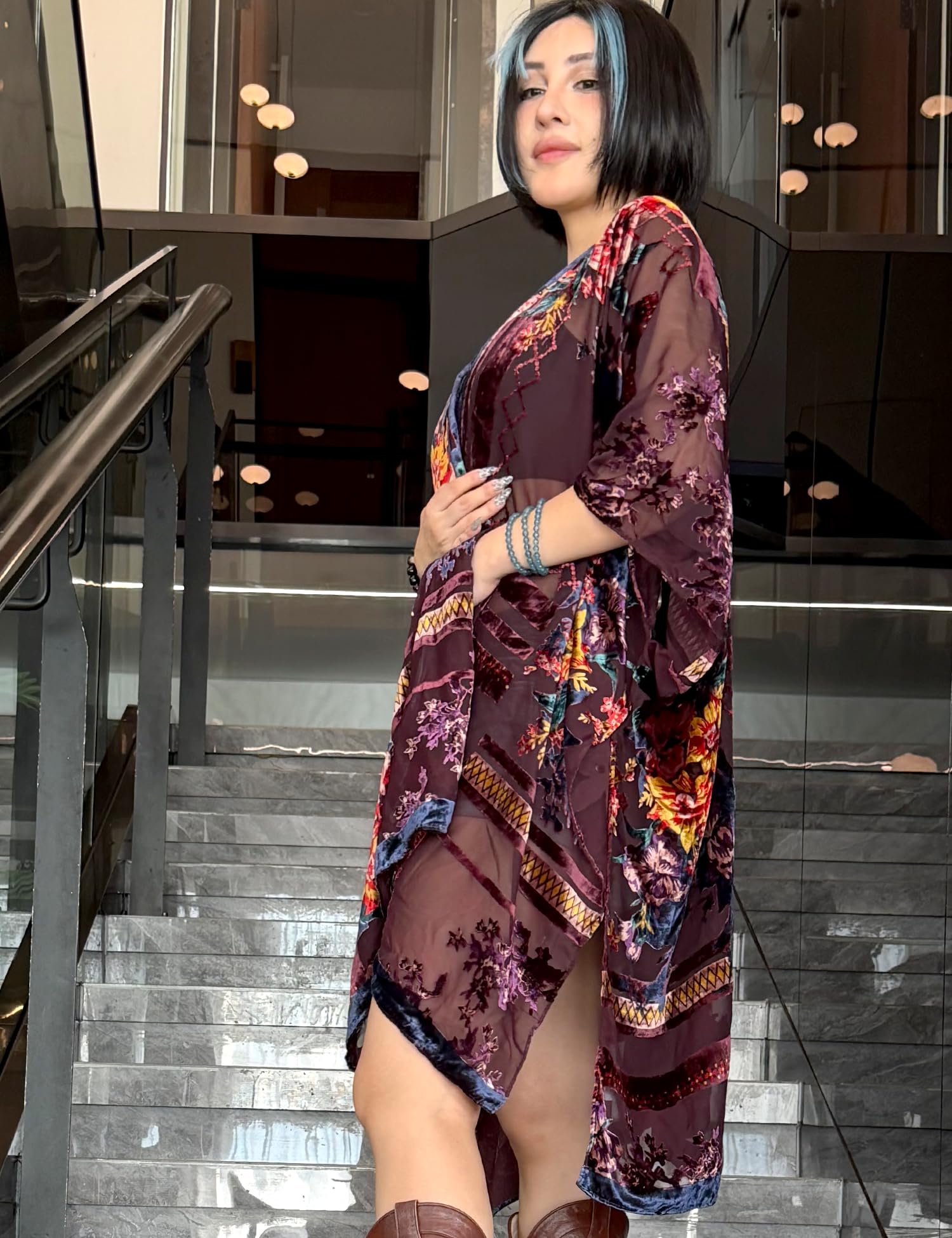 Women's Burnout Velvet Kimono Long Cardigan Cover Up Casual Outfit