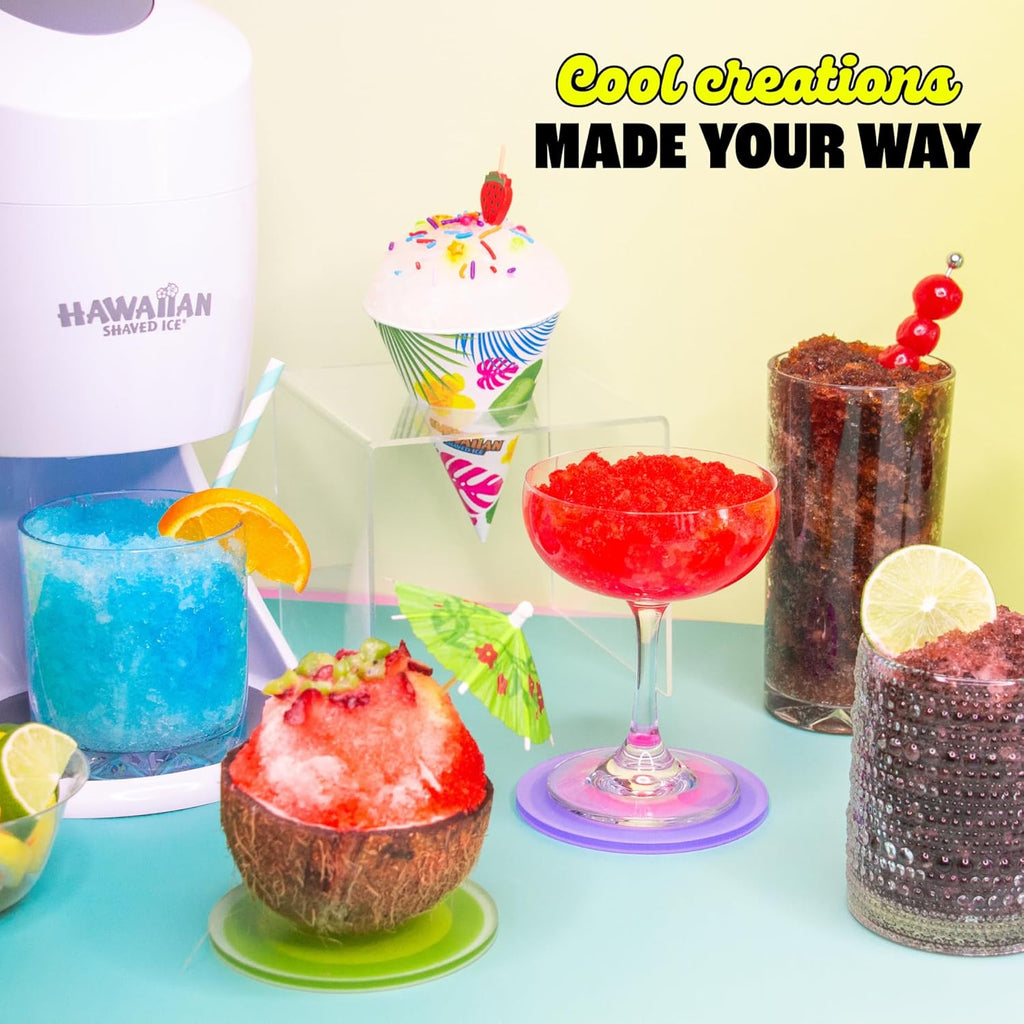 Hawaiian Shaved Ice S900A Snow Cone and Shaved Ice Machine with 2 Reusable Plastic Ice Mold Cups, Non-slip Mat, Instruction Manual, 1-year Manufacturer’s Warranty, 120V, White
