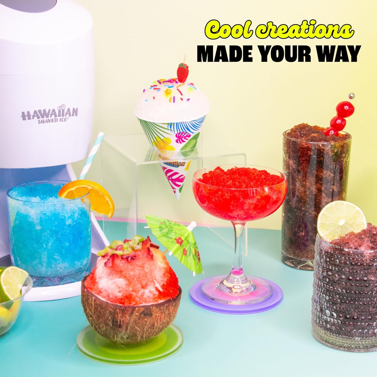 Hawaiian Shaved Ice S900A Snow Cone and Shaved Ice Machine with 2 Reusable Plastic Ice Mold Cups, Non-slip Mat, Instruction Manual, 1-year Manufacturer’s Warranty, 120V, White
