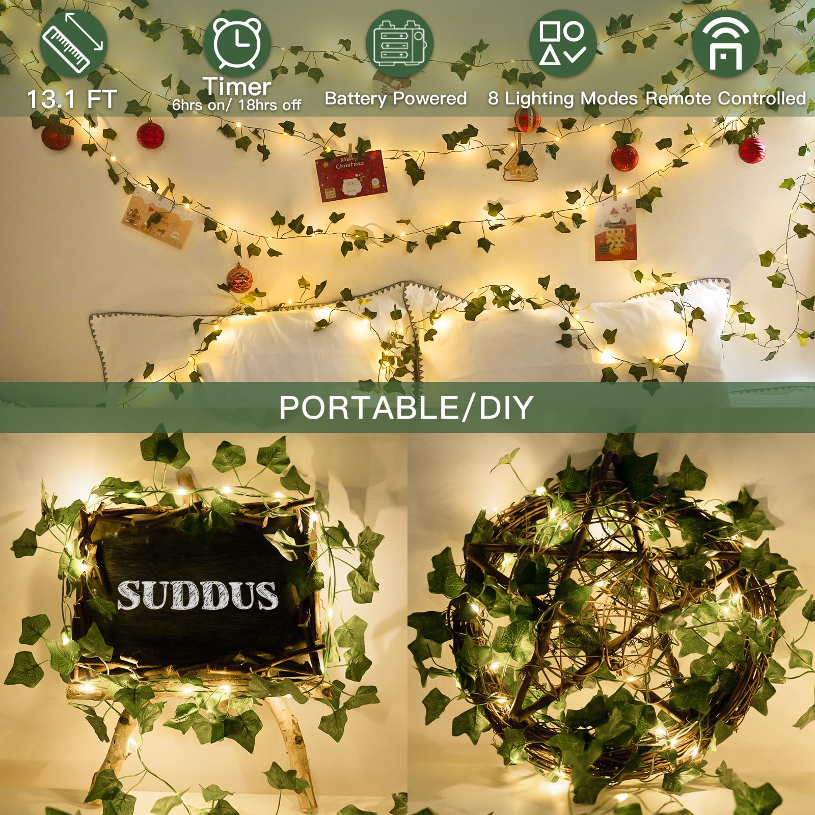 suddus Vine with Fairy Lights Battery Operated, 33ft 100 LED Maple Leaf String Lights with Remote, Dimmable Fall Garland with Lights for Bedroom Wall Indoor Outdoor Thanksgiving Decor (Warm White)