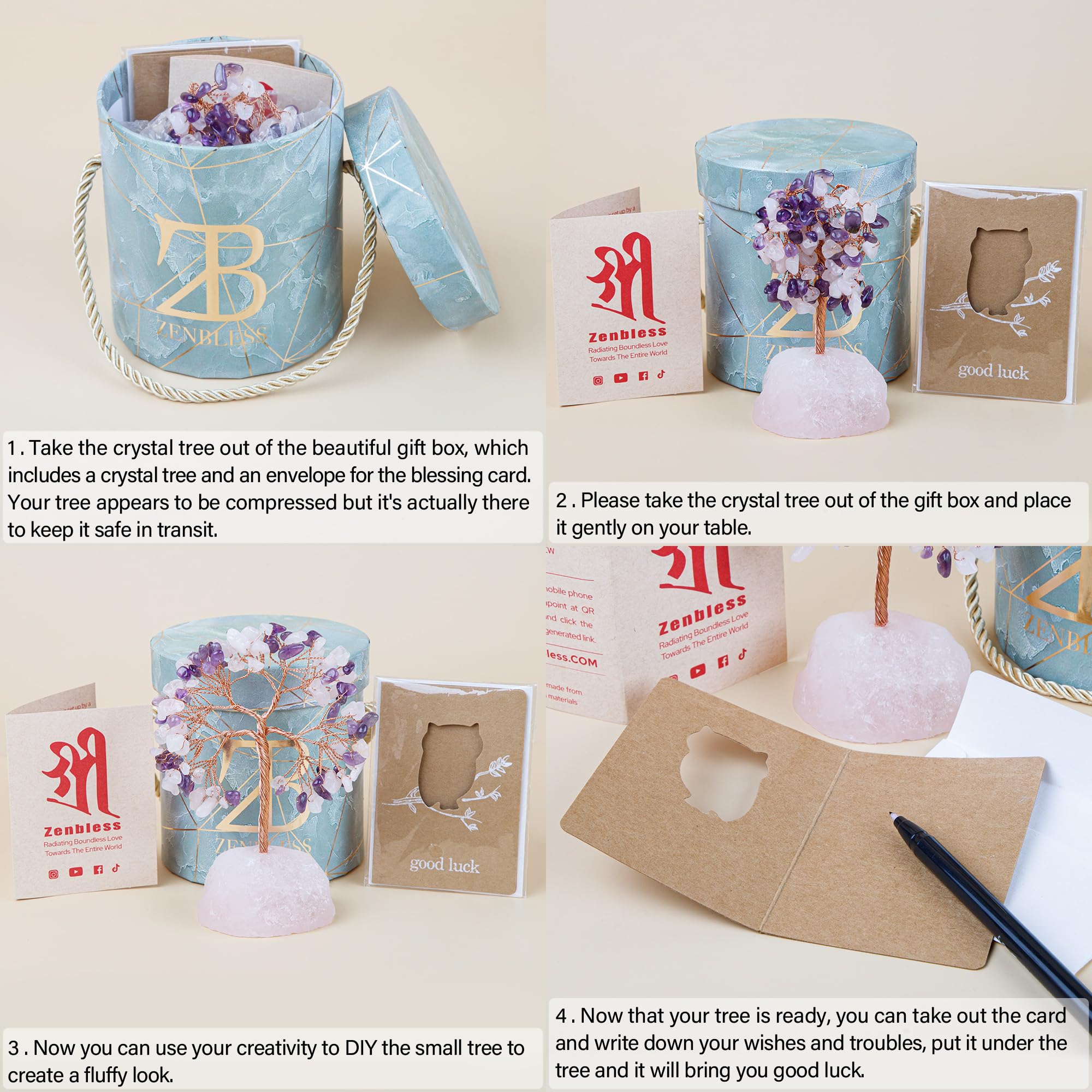 ZenBless 7 Chakra Healing Crystals Stones Tree, Amethyst, Pink Crystal, Aquamarine Leaf Wire Wrapped on Natural Agate Slice Base, Home Office Desk Living Room Feng Shui Decoration for Luck