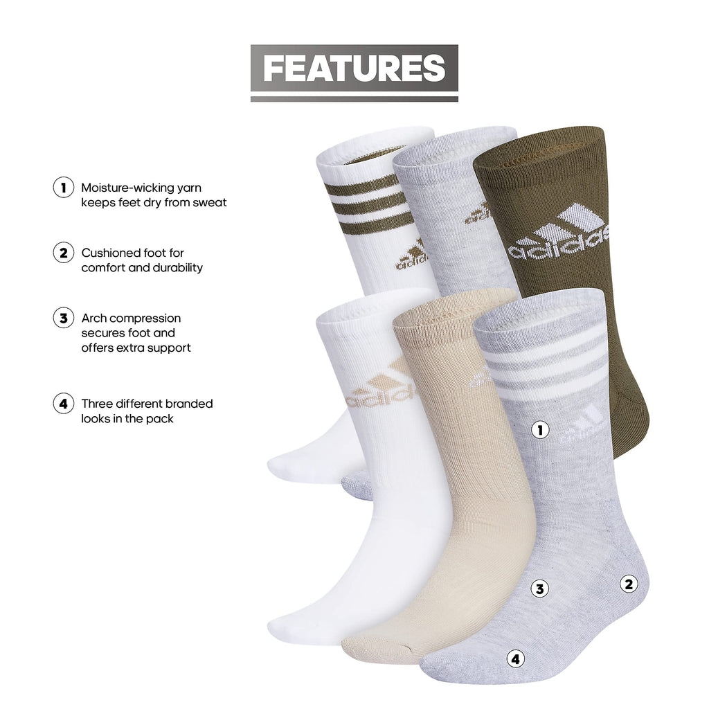 adidas Men's Athletic Cushioned 6-Pack Crew, Cushioned Crew Socks with Arch Compression for a Secure Fit