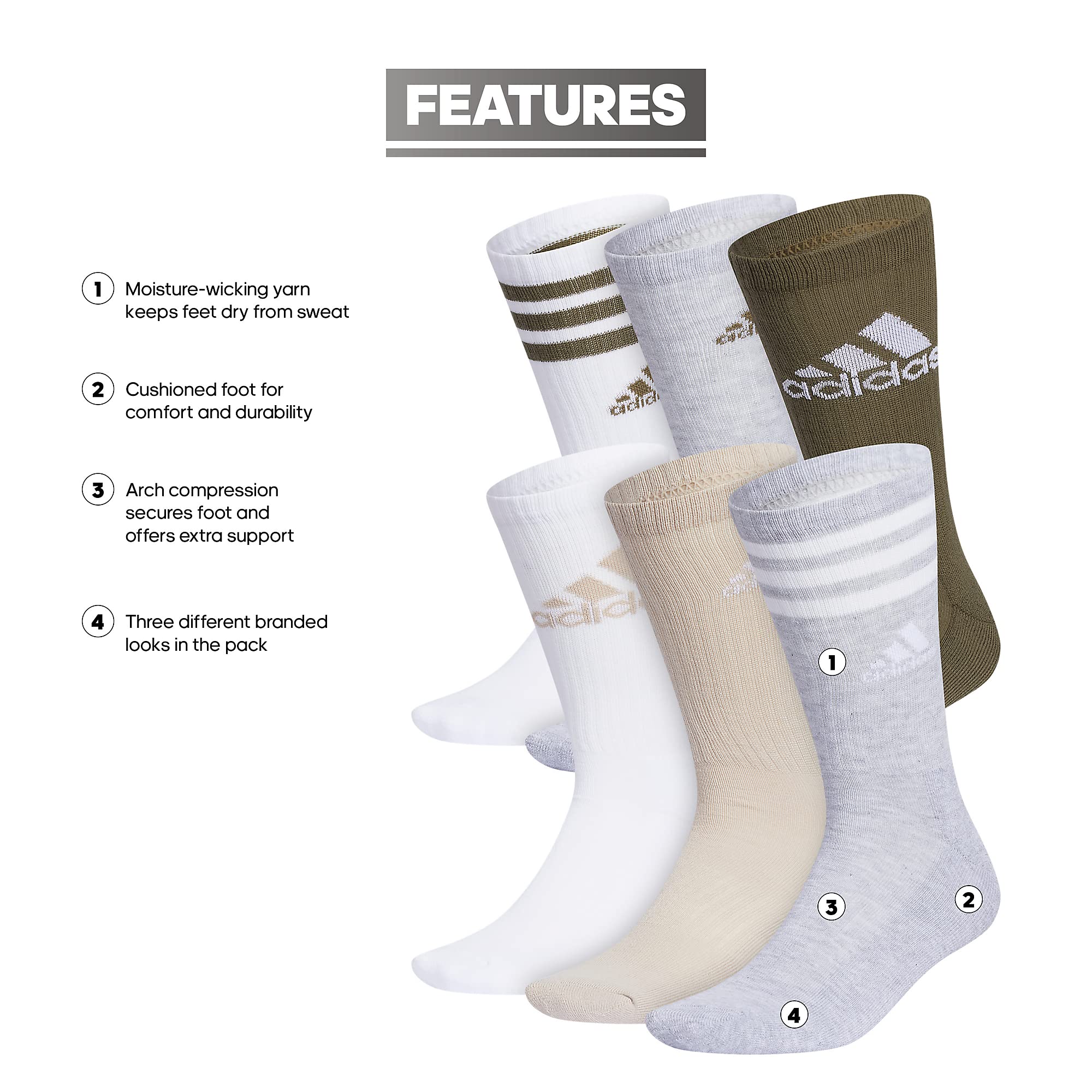 adidas Men's Athletic Cushioned 6-Pack Crew, Cushioned Crew Socks with Arch Compression for a Secure Fit